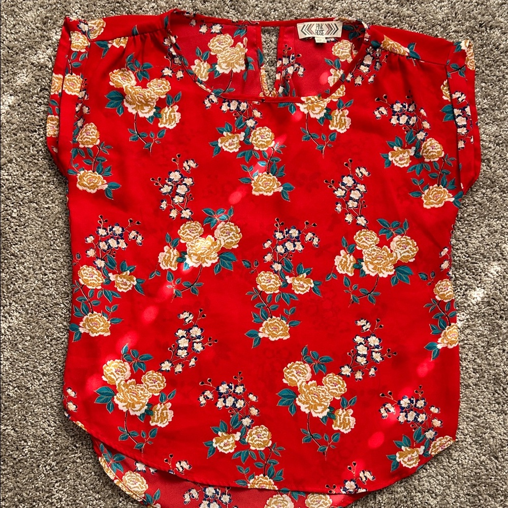 Pink Rose Red Floral Short Sleeve Blouse